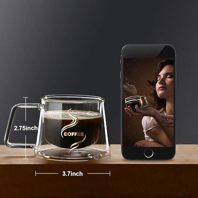 Double Wall Glass Coffee Mug With Handle Cup Heat Insulation Clear Coffee Mugs Double Layers Drinkware Tea Milk Latte Espresso Cappuccino Juice Beverages Water Iced Tea 4oz Dishwasher Safe