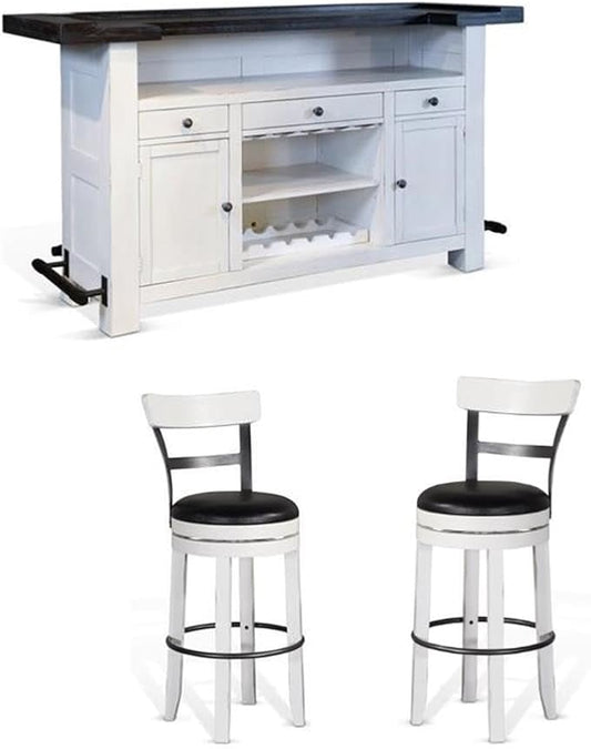Pemberly Row Set of 3 White/Brown Wood Bar Unit and 2 Swivel Barstool with Back