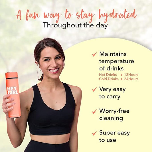 Hey Girl Tea Infuser Bottle 450ml - Insulated Stainless Steel Water Bottle - Tea Tumbler with Tea Diffuser - Portable Travel Mug for Loose Leaf Tea & Infused Water - Tea Lovers Gifts for Women