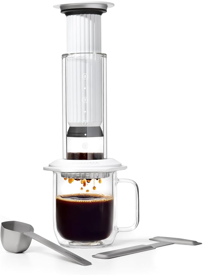 AeroPress Premium Coffee Press, Glass, Stainless Steel & Aluminum Coffee Maker, all-in-One French Press, Pour-Over & Espresso-Style manual brewer, 2 min brew for less bitterness, more flavor (White)