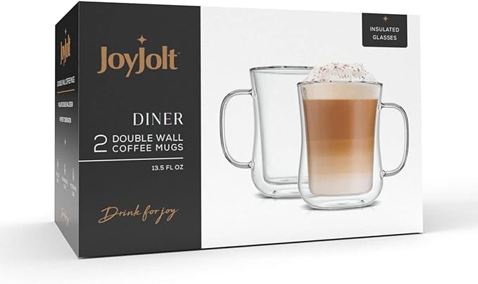 JoyJolt Double Wall Glass Coffee Mugs - 13.5oz Diner Mug Set of 2. Insulated, Clear Glasses That Don't Sweat, Perfect for Cappuccino, Latte, BV174