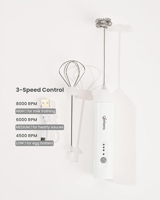 Gerbera Rechargeable Milk Frother Handheld,3 Speed Adjustable Electric Whisk Foam Maker, Handheld Drink Mixer, Frother Wand,Milk Foamer for Protein Powder, Drinks (White)