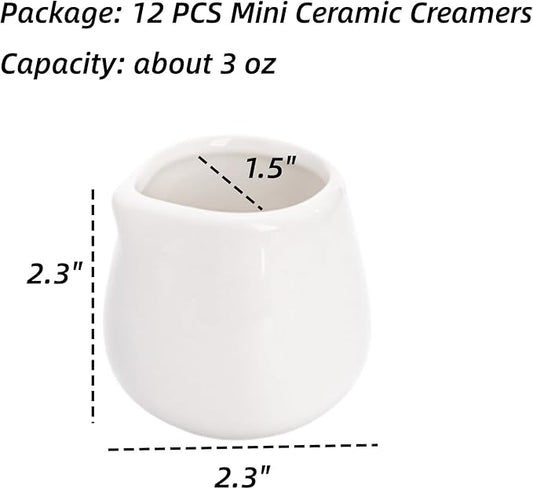 Dicunoy 12 PCS Mini Ceramic Creamers, 3 OZ Small Creamer Pitchers, White Little Individual Creamers Dispenser for Milk, Tea, Coffee, Syrup, Butter, Sauces, Restaurant, Dinner Party, MicrowaveSafe