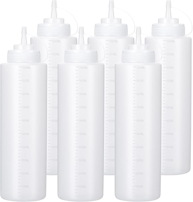 Katfort Condiment Squeeze Bottles Ketchup Dispenser, 6 Pack 32oz Squeeze Bottles for Liquids, Plastic Sauce Bottle with Cap Lid, Squirt Bottles for Sauces Liquids BBQ Dressing Pancake Art