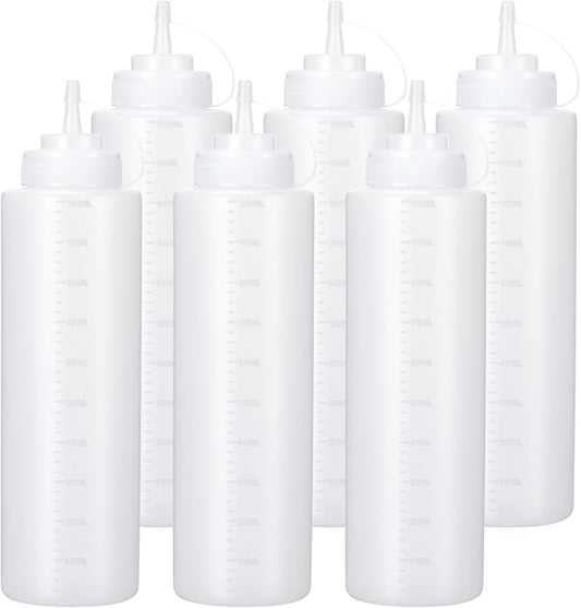Katfort Condiment Squeeze Bottles Ketchup Dispenser, 6 Pack 32oz Squeeze Bottles for Liquids, Plastic Sauce Bottle with Cap Lid, Squirt Bottles for Sauces Liquids BBQ Dressing Pancake Art