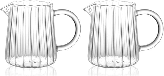 2 Pack 8.5 Ounces Glass Pitcher Small Pitcher Milk Frother Cup Mini Creamer Container Tea Serving Carafe Heat Resistant Breast Milk Pitchers for Coffee Bar Kitchen Essentials