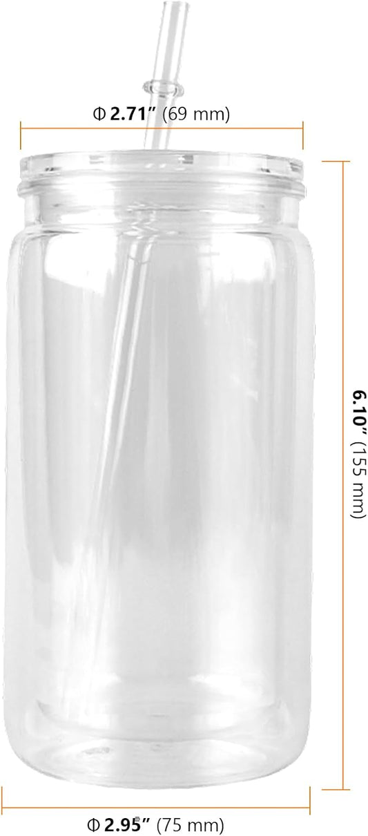 SEUNMUK 10 Pack 16 oz Snow Globe Cups, Pre Drilled Double Wall Cup with Rubber Stopper Plastic Lid and Straws, Clear Snowglobe Cups for Snow Globe Glitter DIY