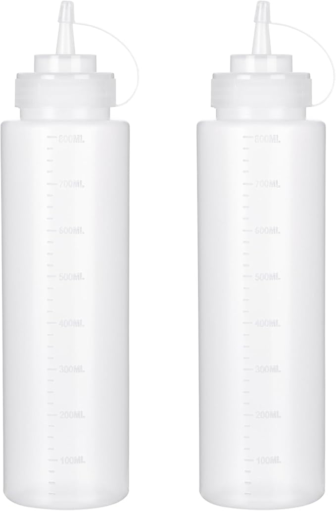 Katfort Squeeze Bottles for Sauces 2 Pack, 27 Ounce 800ml Plastic Dressing Squirt Bottles with Cap Lids, Condiment Bottle for Liquids BBQ Dressing Pancake Art Dispenser