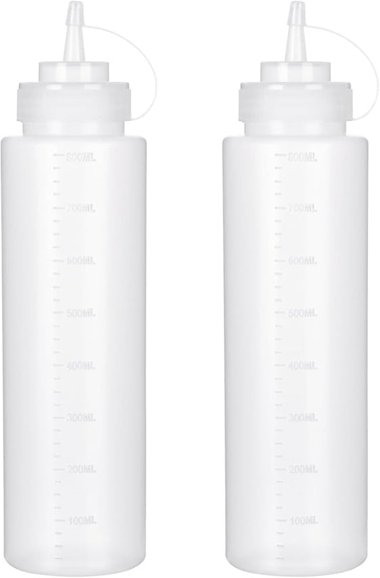 Katfort Squeeze Bottles for Sauces 2 Pack, 27 Ounce 800ml Plastic Dressing Squirt Bottles with Cap Lids, Condiment Bottle for Liquids BBQ Dressing Pancake Art Dispenser