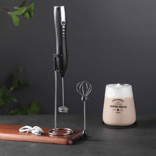 Ruciko Rechargeable 3-Speed Electric Milk Frother,Stainless Steel,Mini Handheld.Quick Type-C Charging for Lattes,Coffee,Egg Whipping & Hot Choc.With Double-Layer Frothing Head & Stand.(black)