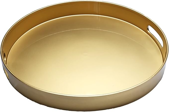 Spsyrine Round Gold Decorative Tray, 13" Plastic Serving Table Tray with Handles for Ottoman, Coffee Table, Bathroom, Kitchen, Living Room