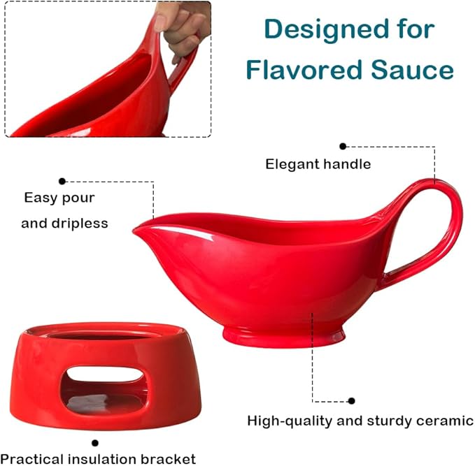 Porcelain gravy sauce boat with candle holder, 20 ounces, Used for turkey salad dressing, cream milk broth - Thanksgiving and Christmas dishes - Red
