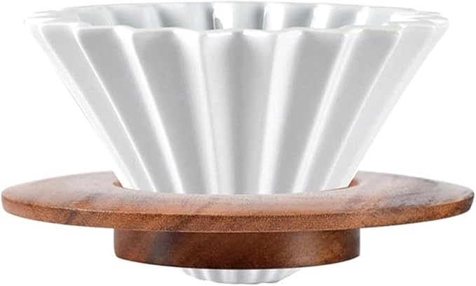 Ceramic Coffee Dripper Pour Over Coffee Maker with Wood Stand Elegant Flower Shape Filter