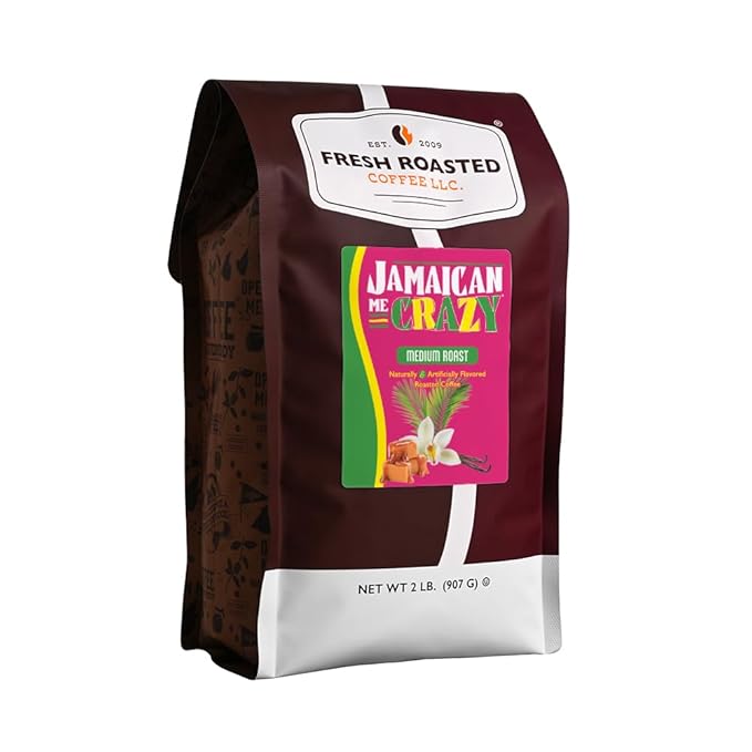 Fresh Roasted Coffee, Jamaican Me Crazy Flavored Coffee, 2 lb (32 oz), Medium Roast, Kosher, Ground