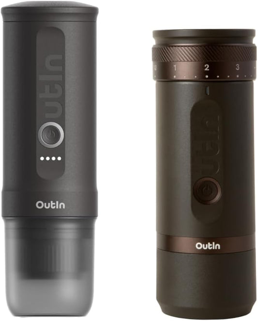 OutIn Nano Portable Electric Espresso Machine with Fino Portable Electric Coffee Grinder, Brown & Grey