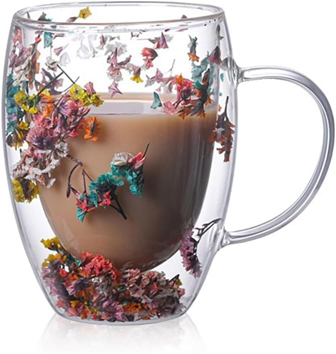Double Glass Flower Tea Cup, Aesthetic Preserved Flower Cup, Cute Insulated Tea Cup with Handle, Heat Resistant & Lead-free Coffee Mugs, Gifts for Birthday Mother's Day, Perfect for Women Wife Mom (D)