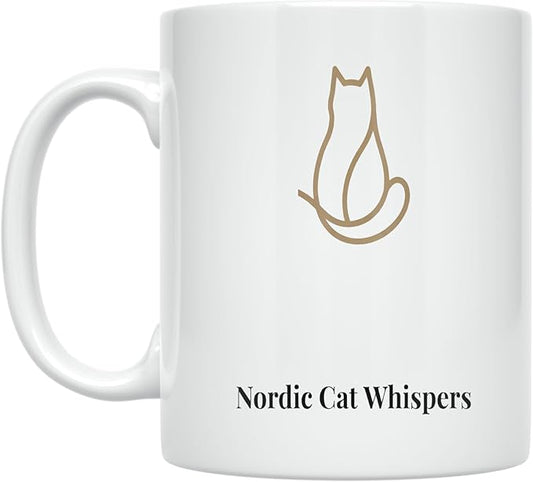 Cat Lover Coffee Mug - Nordic Cat Whispers Design - 11 oz White Ceramic - Minimalist Elegance