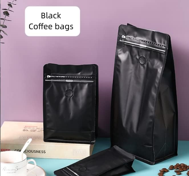 Coffee Bags with Valve(12 oz,3/4 lb,50pcs) Black High Barrier Aluminumed Foil Flat Bottom Heat Sealed Coffee Beans Packaging Bags Side Zipper Resealable Bags for Home or Business