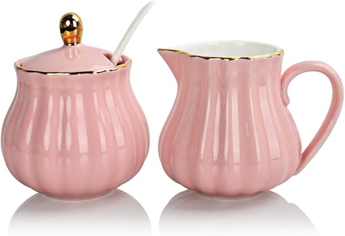 Sweejar Royal Ceramic Sugar and Creamer Set, 3 Piece Set with Cream Pitcher, Sugar Bowl, Sugar Set with Lid & Spoon, Coffee Serving Set Wedding Gift(Pink)