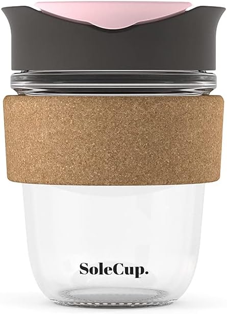 Reusable Strengthened Glass Travel Cup - Spill Proof Insulated Coffee Mug - 12oz/340ml BPA-Free Hot Drink Travel Mug with Lid & Cork Band (Gray and Pink, 12oz)