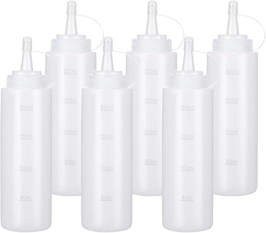 Katfort Condiment Squeeze Bottles Ketchup Dispenser, 6 Pack 8oz Squeeze Bottles for Liquids, Plastic Sauce Bottle with Cap Lid, Squirt Bottles for Sauces Liquids BBQ Dressing Pancake Art
