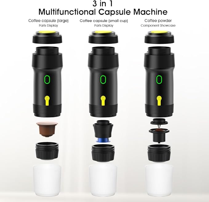 Portable Espresso Maker, 20 Bar Pressure Small Coffee Machine, Rechargeable Battery Operated Mini Coffee Maker for Pods or Grounds, Includes Car Charger, for Hot & Iced Coffee (Silver)