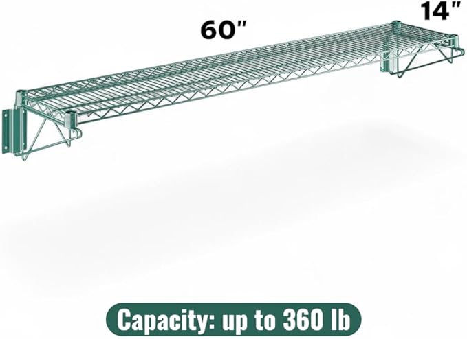 14" x 60" Green Wall-Mounted Wire Shelf with Epoxy Coating, Heavy-Duty Steel Storage Rack, NSF Certified, Easy Installation, Open Wire Design for Kitchen, Garage, or Utility Storage