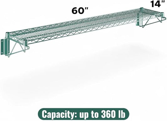 14" x 60" Green Wall-Mounted Wire Shelf with Epoxy Coating, Heavy-Duty Steel Storage Rack, NSF Certified, Easy Installation, Open Wire Design for Kitchen, Garage, or Utility Storage