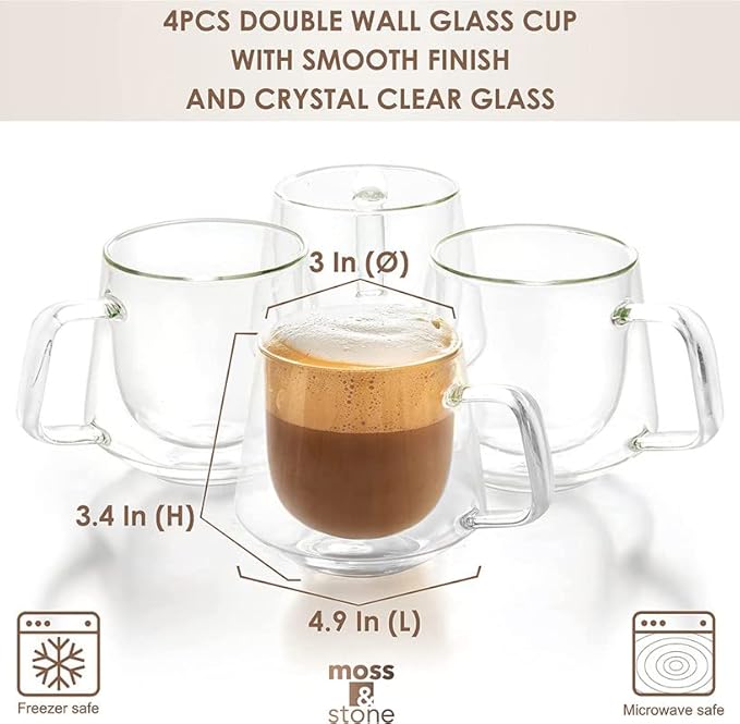 Moss & Stone Set of 4 Double Wall Glass Cup Clear Mug, Double Walled Coffee Mugs 7.5 Oz, Glass Tea Mugs, Insulated Coffee Mug With Handle.