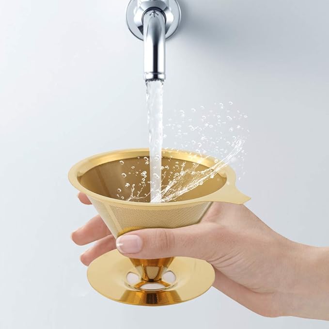 Pwshymi Stainless Steel Coffee Dripper, Gold Pour Over Coffee Filter with Double Mesh and Silicone Base, for Home Office Travel Camping