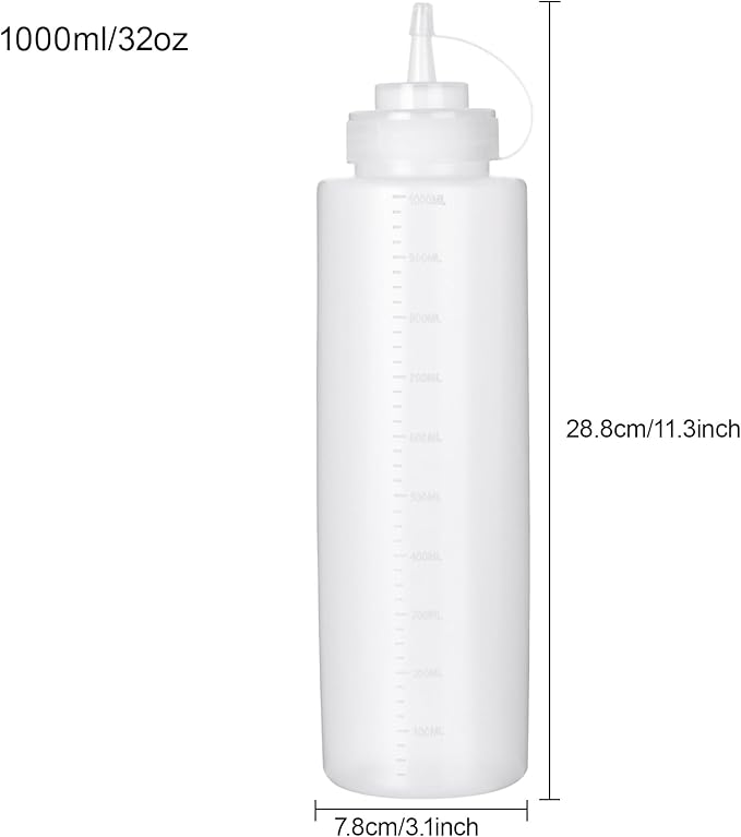 Katfort Squeeze Bottles for Sauces 2 Pack, 32 Ounce 1000ml Plastic Dressing Squirt Bottles with Cap Lids, Condiment Bottle for Liquids BBQ Dressing Pancake Art Dispenser