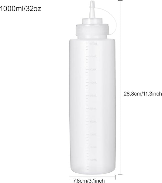 Katfort Squeeze Bottles for Sauces 2 Pack, 32 Ounce 1000ml Plastic Dressing Squirt Bottles with Cap Lids, Condiment Bottle for Liquids BBQ Dressing Pancake Art Dispenser