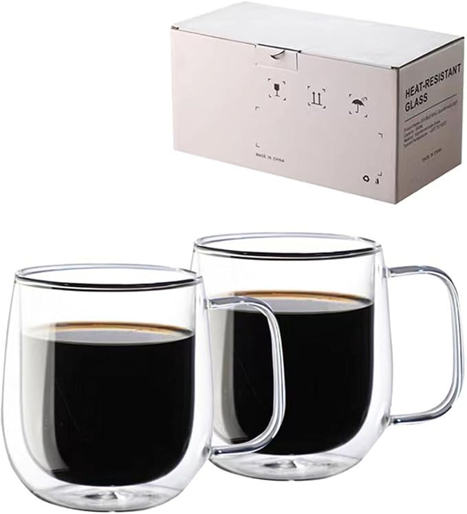 Double Wall Glass Coffee Mugs with handle - 8.45 oz Insulated Clear Coffee Mugs Set of 2, Perfect for Espresso, Cappuccino, Latte, Americano, Tea Bag, Beverage (250ml/8.45,set of 2)