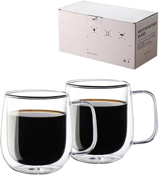 Double Wall Glass Coffee Mugs with handle - 8.45 oz Insulated Clear Coffee Mugs Set of 2, Perfect for Espresso, Cappuccino, Latte, Americano, Tea Bag, Beverage (250ml/8.45,set of 2)