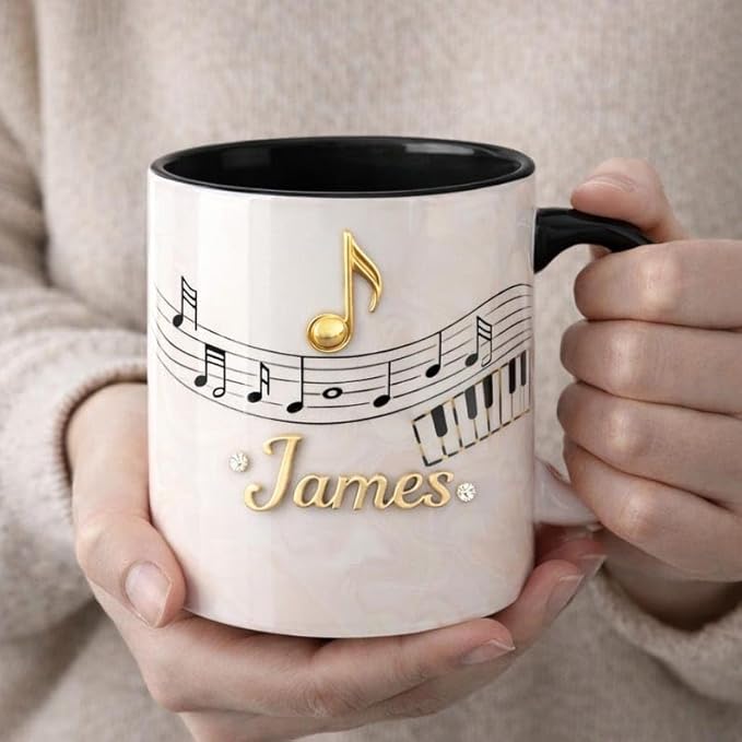 Personalized Music Coffee Mug Custom Name Ceramic Cup, Elegant Piano Note Minimalist Design Mug, Stylish Gift for Music Lover from Family, Artistic Home Decor Cup, Birthday Holiday Gift