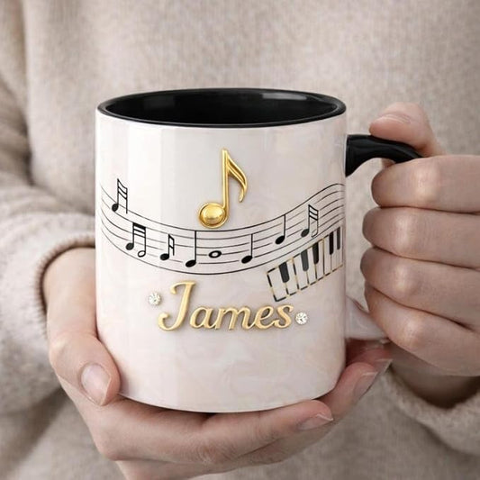 Personalized Music Coffee Mug Custom Name Ceramic Cup, Elegant Piano Note Minimalist Design Mug, Stylish Gift for Music Lover from Family, Artistic Home Decor Cup, Birthday Holiday Gift