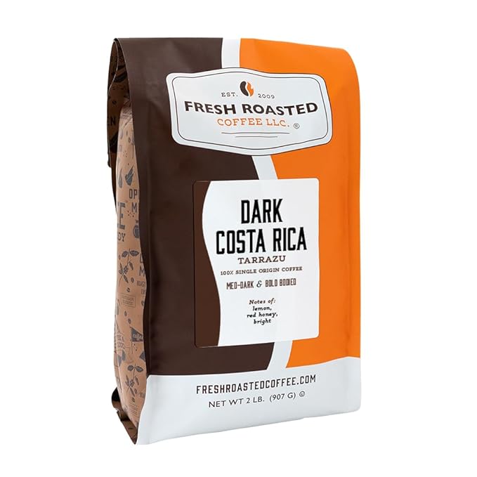 Fresh Roasted Coffee, Dark Costa Rican Tarrazu, 2 lb (32 oz), Dark Roast, Kosher, Whole Bean