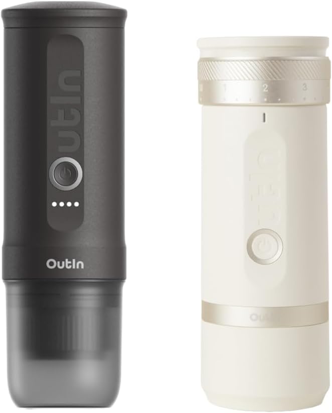 OutIn Nano Portable Electric Espresso Machine with Fino Portable Electric Coffee Grinder, White & Grey