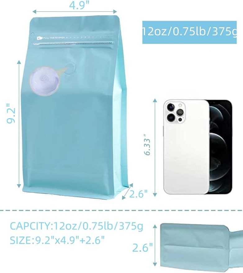 Coffee Bags with Valve(12 oz,3/4 lb,50pcs) Blue High Barrier Aluminumed Foil Flat Bottom Heat Sealed Coffee Beans Packaging Bags Side Zipper Resealable Bags for Home or Business