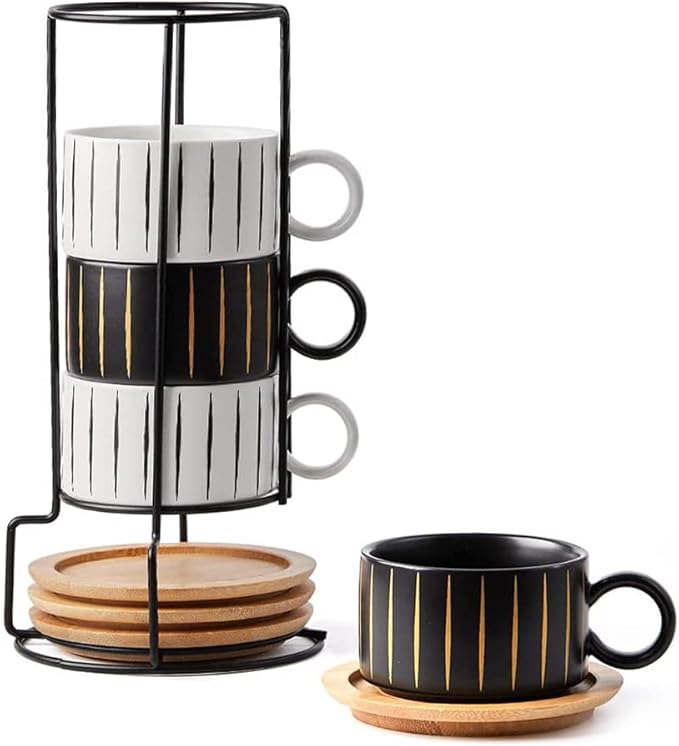 LUKA Porcelain Espresso Cup with Saucer and Metal Stand, 6 Ounce Stackable Ceramic Demitasse Espresso Mugs Cappuccino Cups Set for Latte,Coffee,Cafe Mocha,Tea(Set of 4)