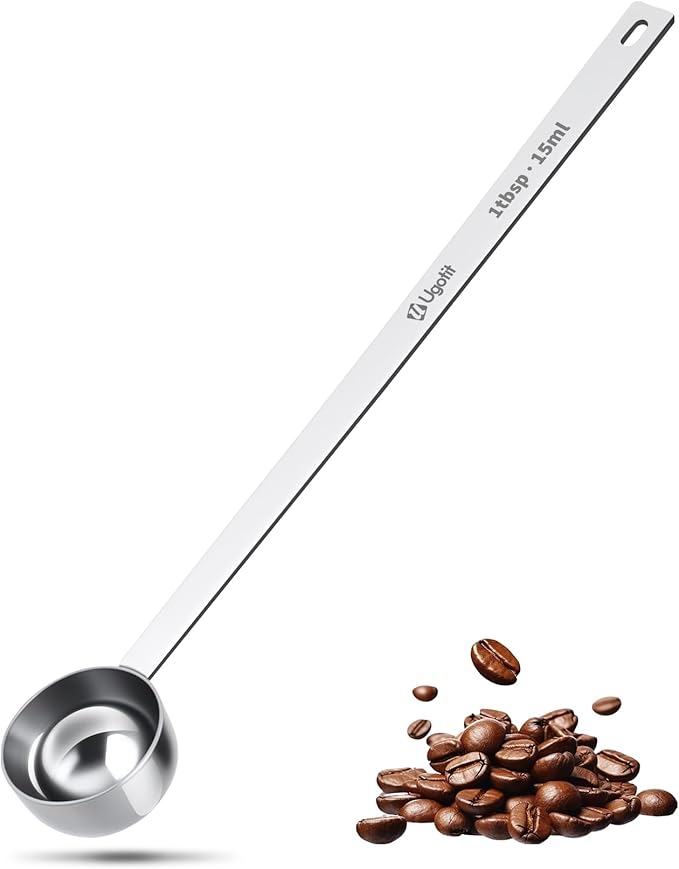 Ugotit 304 Stainless Steel Coffee Scoop 1 Tablespoon, Long Handle Measuring Spoon for Deep Jars, Engraved TBSP/ML Markings, Dishwasher Safe for Ground Coffee, Tea, Protein Powder