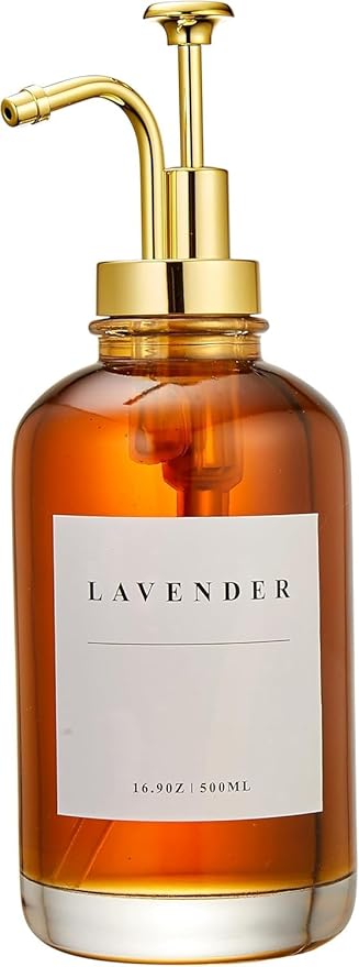 Coffee Syrup Dispenser for Coffee Bar, Coffee Syrup Pump Dispenser, Glass Syrup Bottle with Gold Upgraded Pump, 1 Pack 16.9 oz 500 ml Syrup Dispensers, 28 Labels