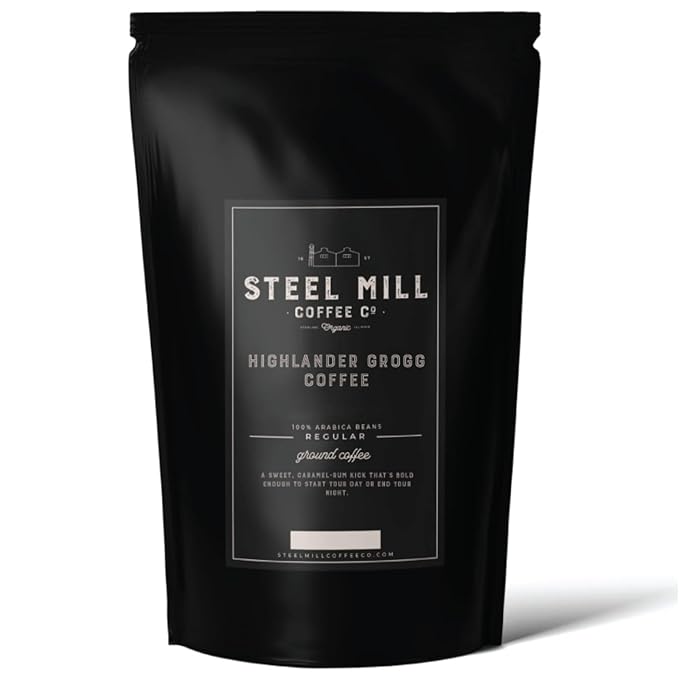 Steel Mill Coffee Co. Highlander Grogg Flavored Coffee – Ground, Medium Roast, 100% Colombian Arabica, Butterscotch Caramel Aroma, Vegan, Gluten-Free, Sugar-Free – 12 oz