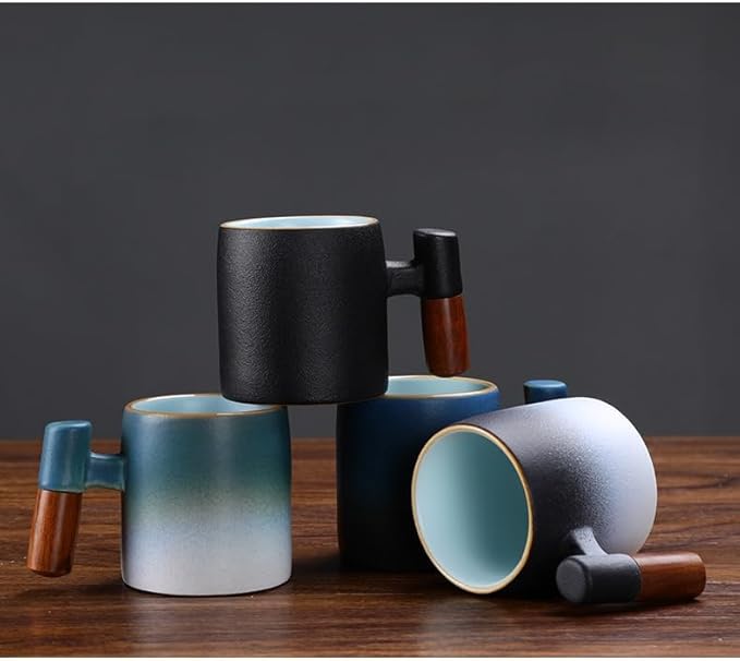 2-Oz Ceramic Espresso Cups with Wood Handle, 2/4-Piece Set for Coffee, Tea, Latte - Dishwasher Safe, Multi-Color & Wood Styles, Gift & Café Use (blue white, Wooden Handle2)