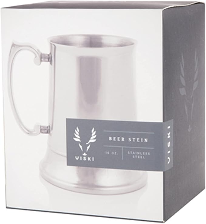 Viski Stainless Steel Beer Stein, Double-Walled Mug with Handle, Drinking Glass for Lagers, Pilsners, Craft Beers, Birthday Gifts for Men, Beer Lovers, Game Night, Home Bar, 16 oz, Set of 1