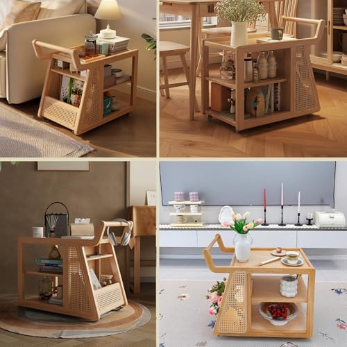 Sofa Side Table,Coffee Station Table on Wheels,Movable Coffee Bar Stand Cart with Storage 3 Tier Wood Coffee Table,for Home Kitchen, Entryway, Living Room,Dining Room