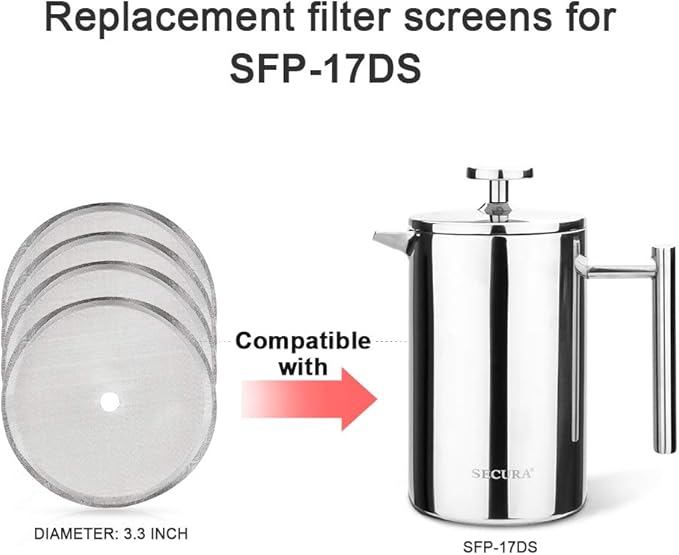 Secura French Press Replacement Screens, Stainless Steel Reusable Mesh Filter for 17 Ounce and 12 Ounce Coffee Press, 4 Pack