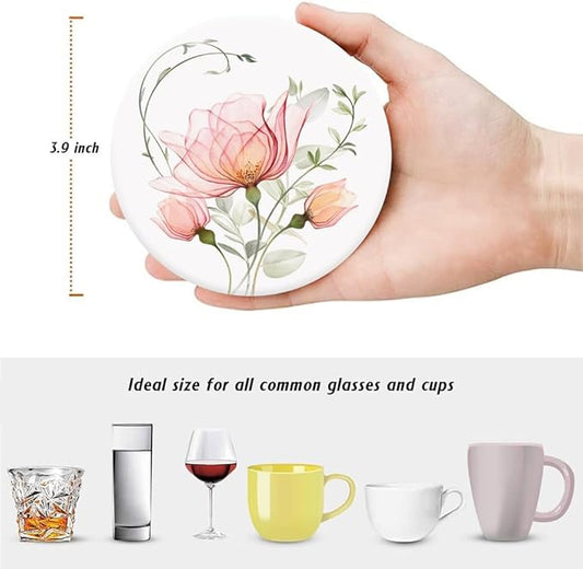 Drink Coasters for Drinks Set of 6, Watercolor X-ray Roses and Eucalyptus Absorbent Round Ceramic Stone Mat Coaster, with Cork Base and Metal Holder, Home Bar Decor House Warming Gift