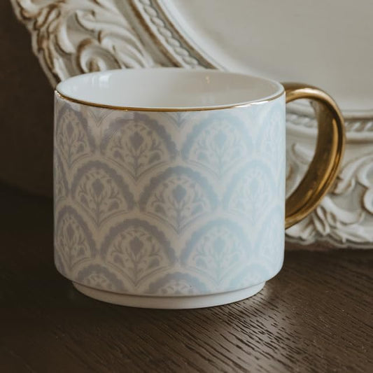 Sweet Water Decor Blue Fan Ceramic Mug with Gold Handle, Large 14oz Fine Bone China Tea Cup, Cute Coffee Mug, Vintage Floral Spring Drinkware, Hostess & Housewarming Gift for Women & Teachers