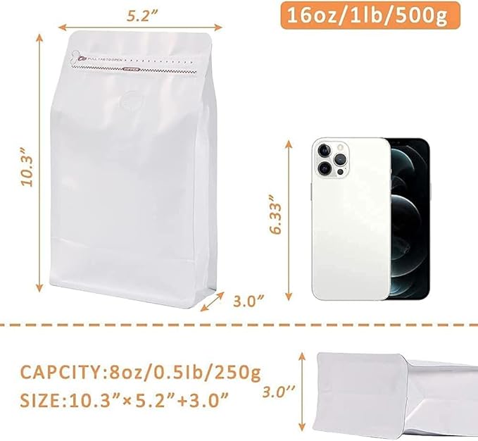 Coffee Bags with Valve(16 oz,1 lb,100pcs) White High Barrier Aluminumed Foil Flat Bottom Heat Sealed Coffee Beans Packaging Bags Side Zipper Resealable Bags for Home or Business